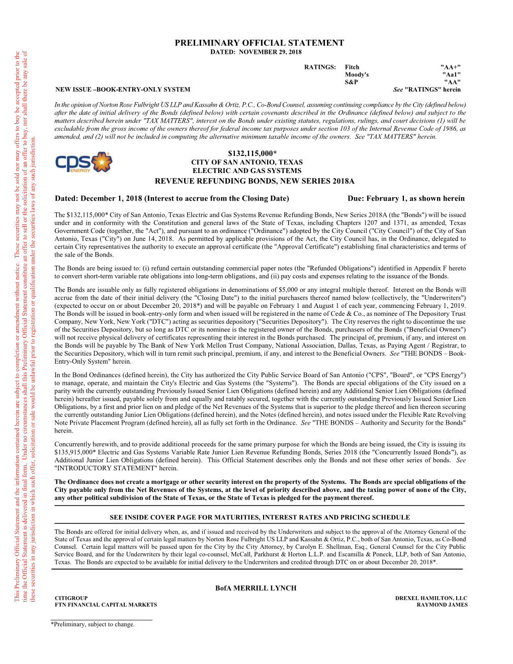 CITY of SAN ANTONIO, TEXAS Anoffer Tobuy,Nor Shall There Be Any Sale of ELECTRIC and GAS SYSTEMS REVENUE REFUNDING BONDS, NEW SERIES 2018A