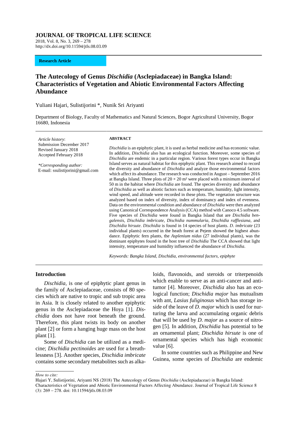 The Autecology of Genus Dischidia (Asclepiadaceae) in Bangka Island: Characteristics of Vegetation and Abiotic Environmental Factors Affecting Abundance