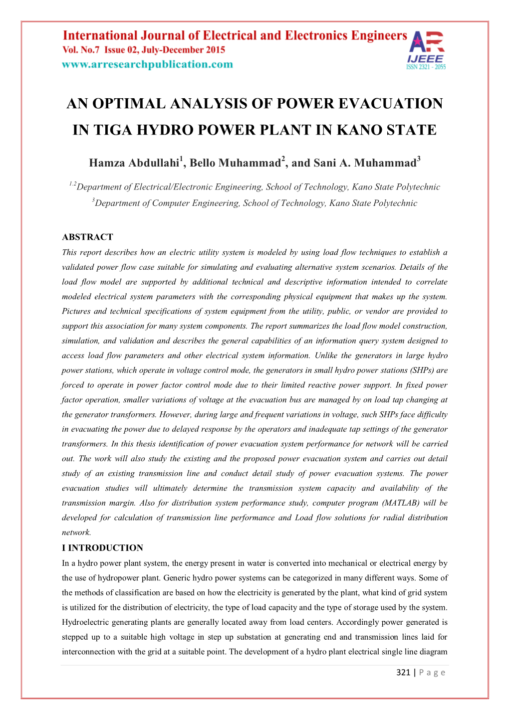 An Optimal Analysis of Power Evacuation in Tiga Hydro Power Plant in Kano State