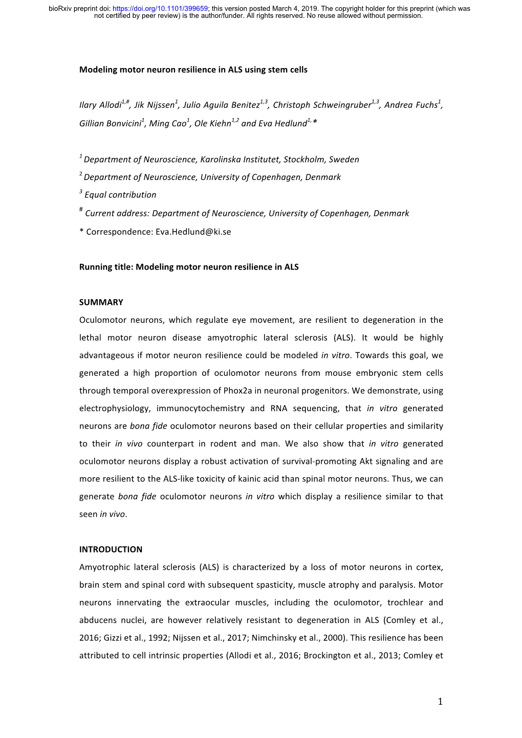 Modeling Motor Neuron Resilience in ALS Using Stem Cells Ilary Allodi1