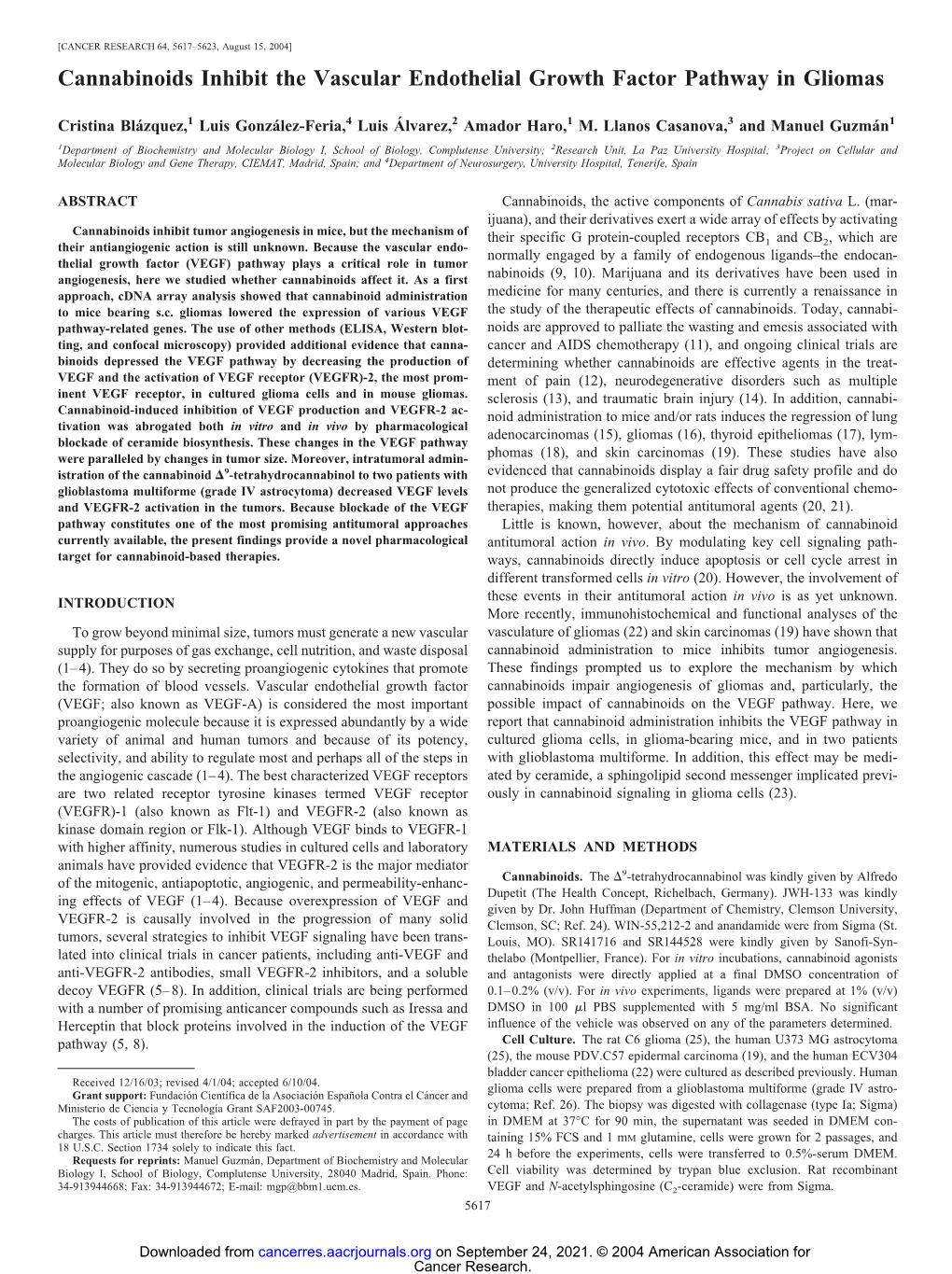 Cannabinoids Inhibit the Vascular Endothelial Growth Factor Pathway in Gliomas