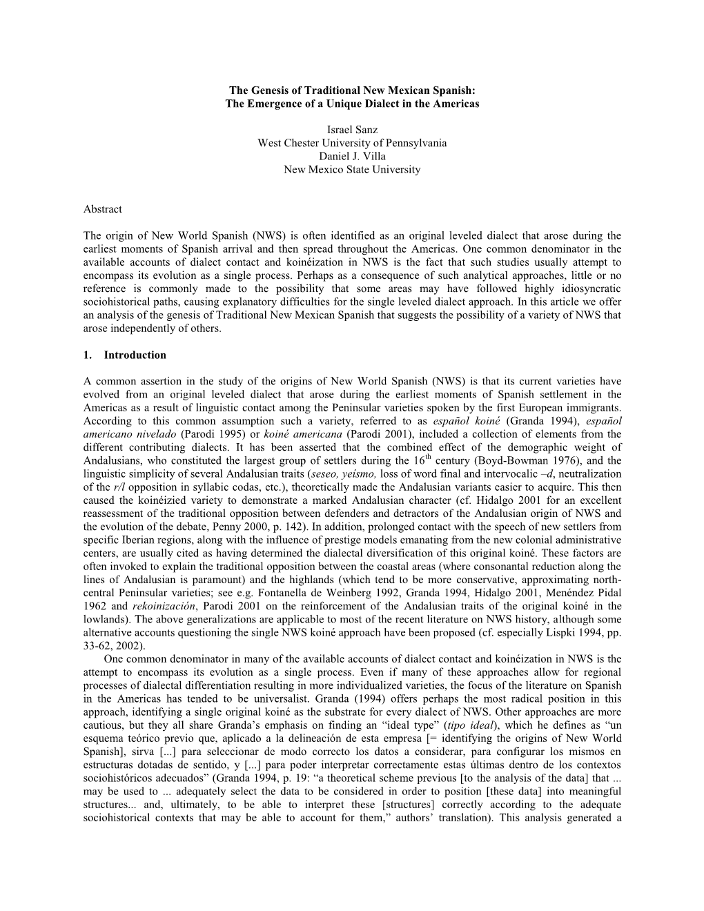 The Genesis of Traditional New Mexican Spanish: the Emergence of a Unique Dialect in the Americas