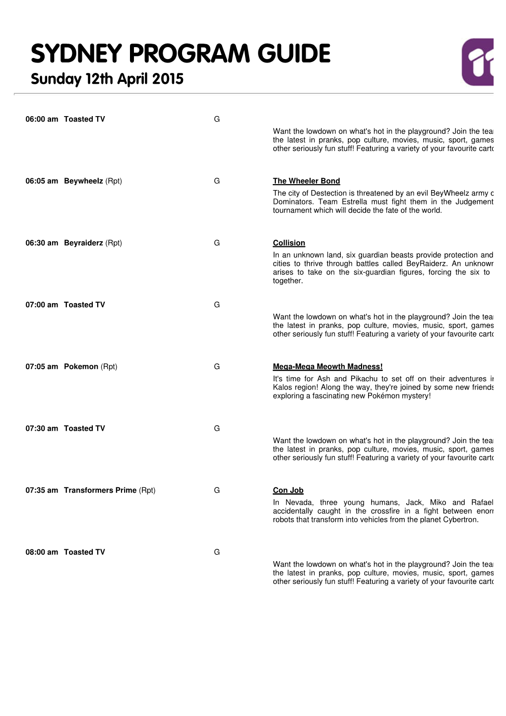 SYDNEY PROGRAM GUIDE Sunday 12Th April 2015