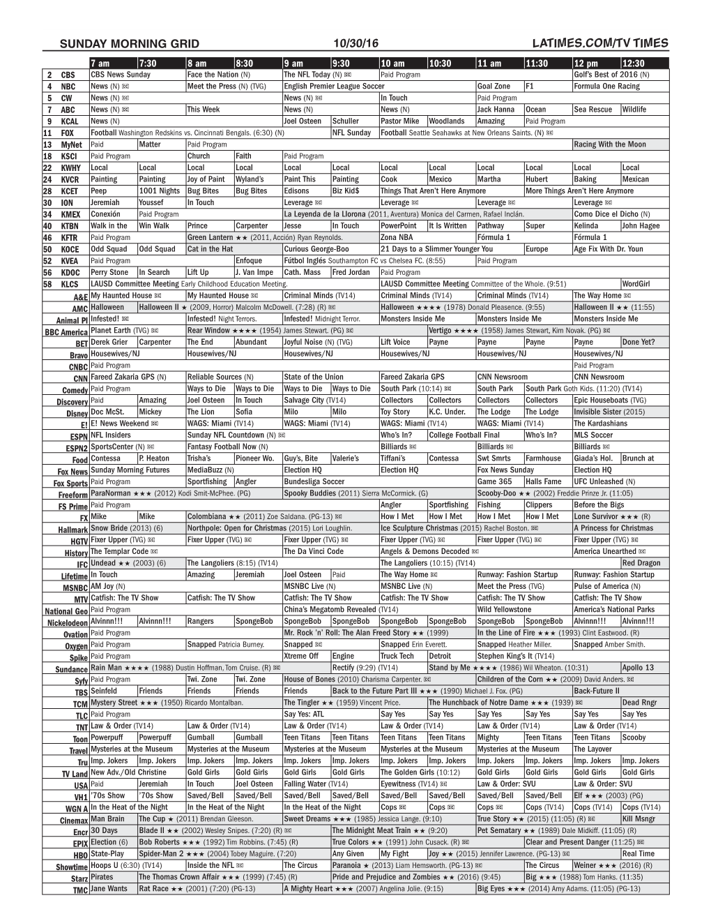 Sunday Morning Grid 10/30/16 Latimes.Com/Tv Times