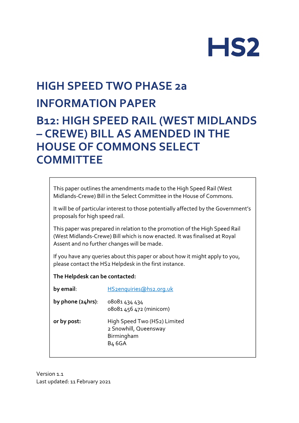 High Speed Rail (West Midlands – Crewe) Bill As Amended in the House of Commons Select Committee