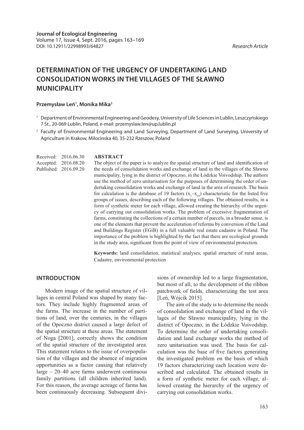 Determination of the Urgency of Undertaking Land Consolidation Works in the Villages of the Sławno Municipality