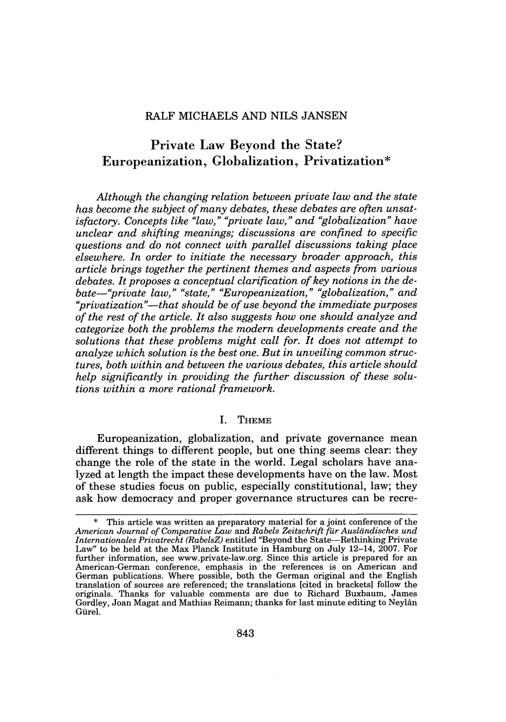 Private Law Beyond the State? Europeanization, Globalization, Privatization*
