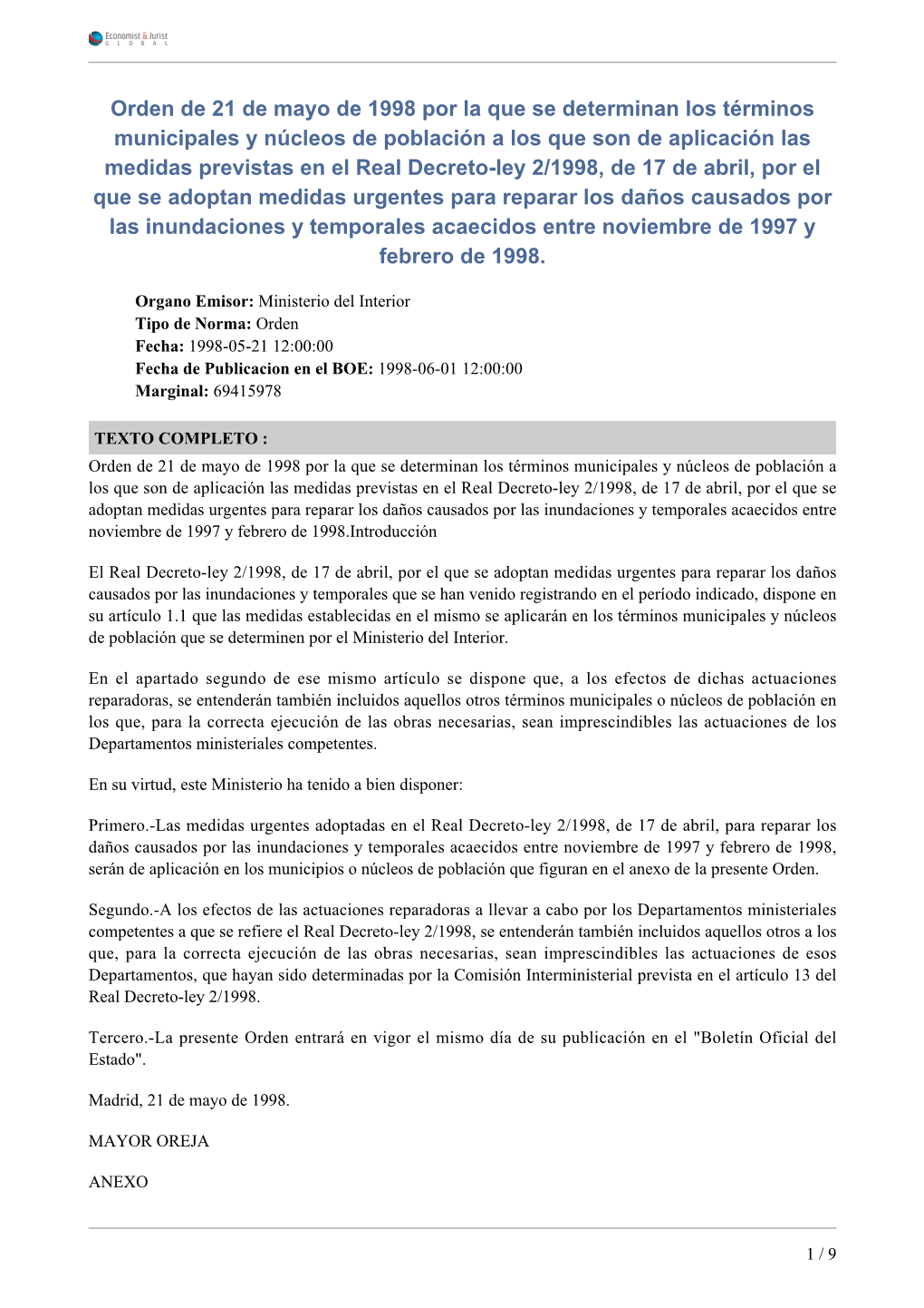Orden De 21 De Mayo De 1998 Por La Que Se Determinan Los Términos