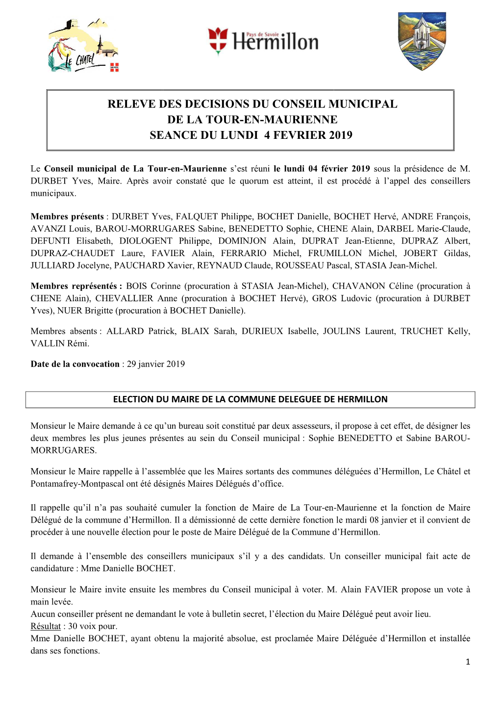 Releve Des Decisions Du Conseil Municipal De La Tour-En-Maurienne Seance Du Lundi 4 Fevrier 2019