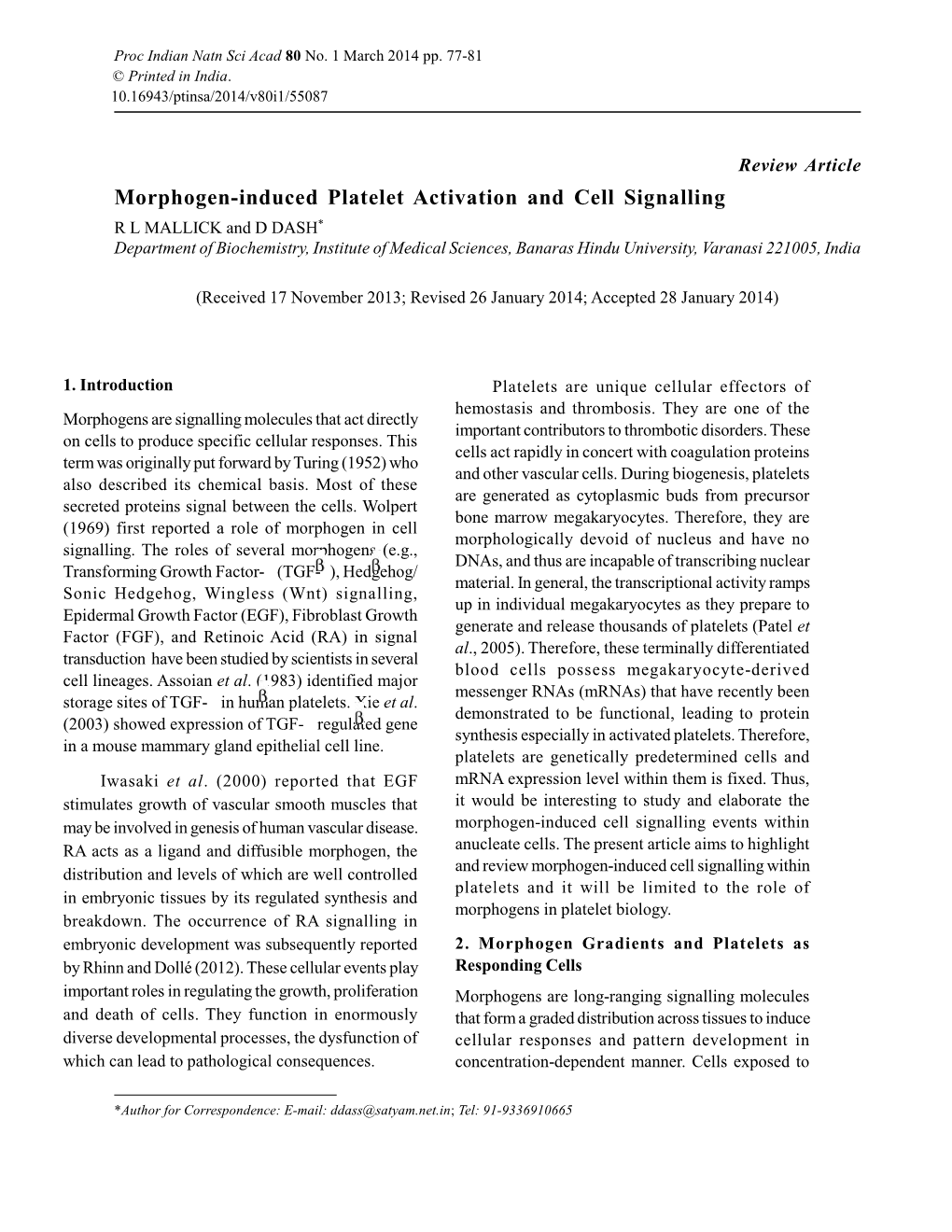 Morphogen-Induced Platelet Activation and Cell Signalling