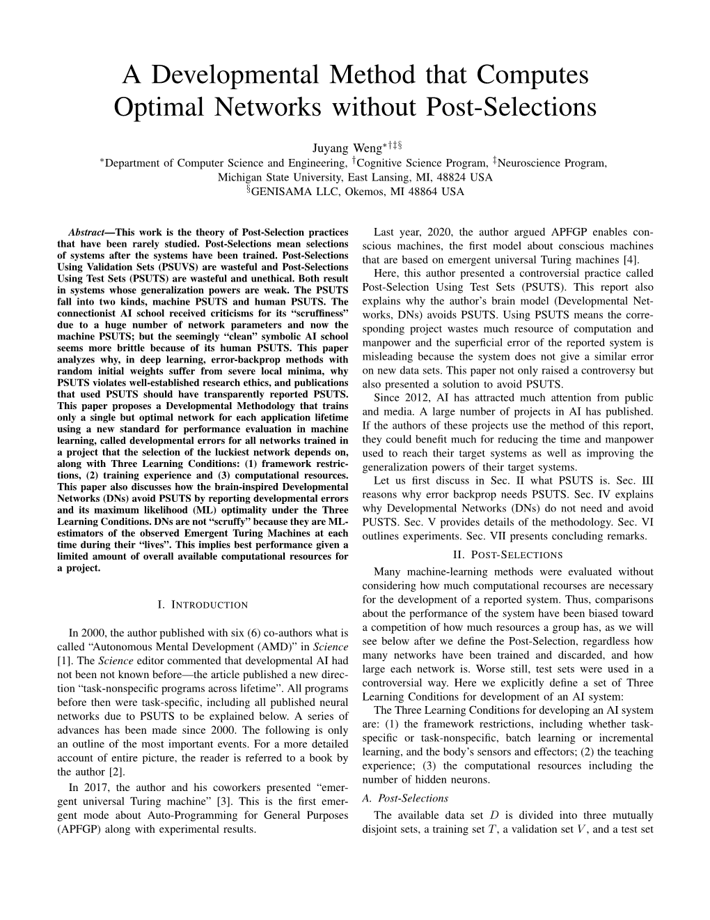 A Developmental Method That Computes Optimal Networks Without Post-Selections