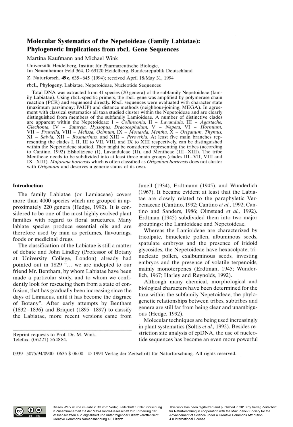 Molecular Systematics of the Nepetoideae (Family Labiatae)