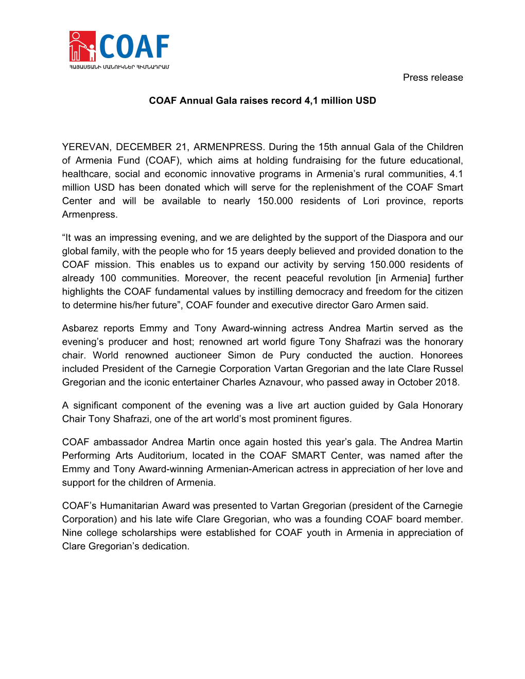 Press Release COAF Annual Gala Raises