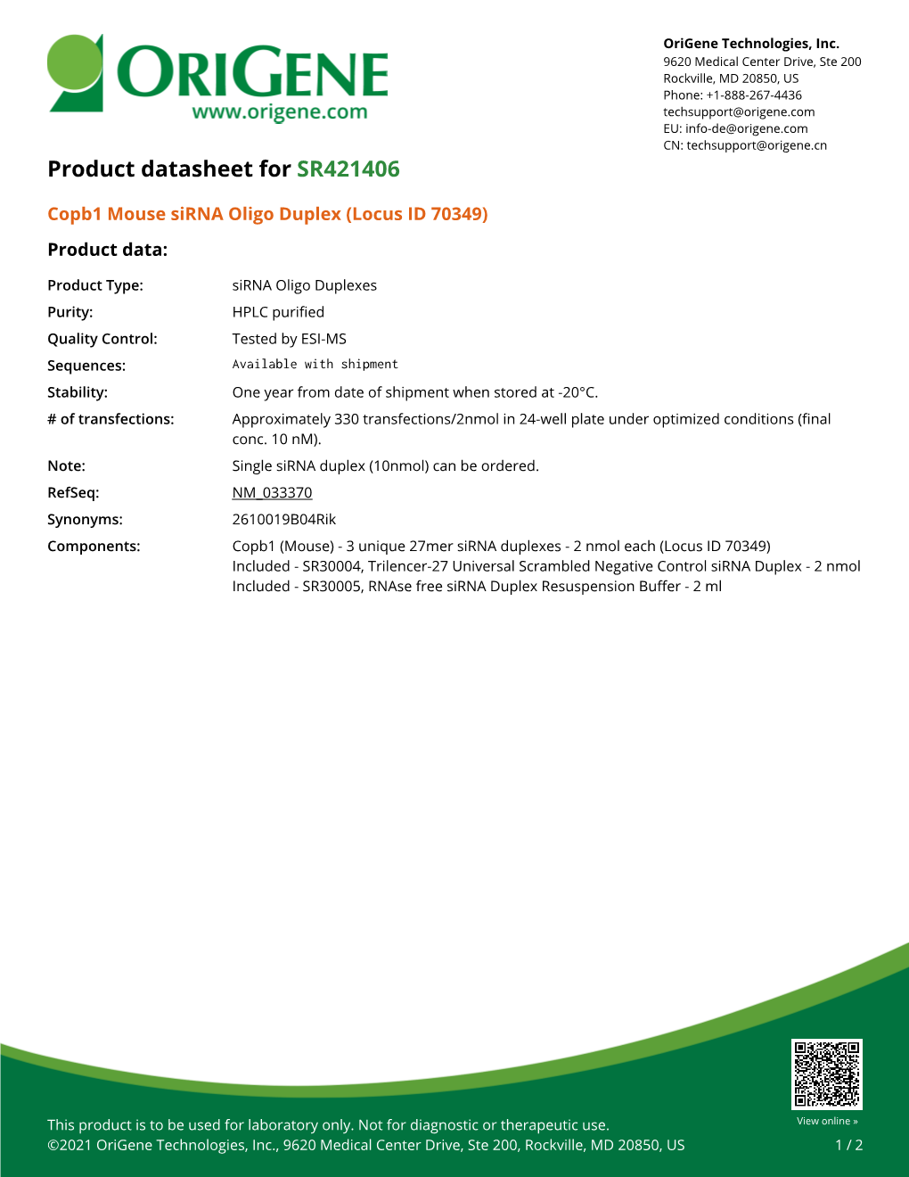 Copb1 Mouse Sirna Oligo Duplex (Locus ID 70349) Product Data