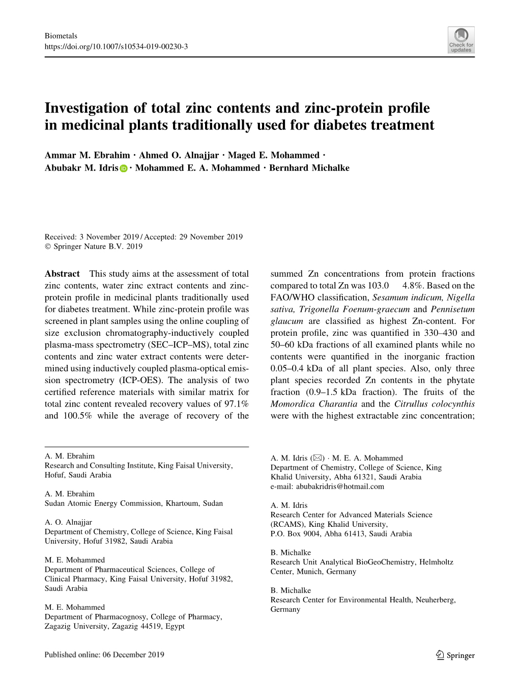 Investigation of Total Zinc Contents and Zinc-Protein Profile In