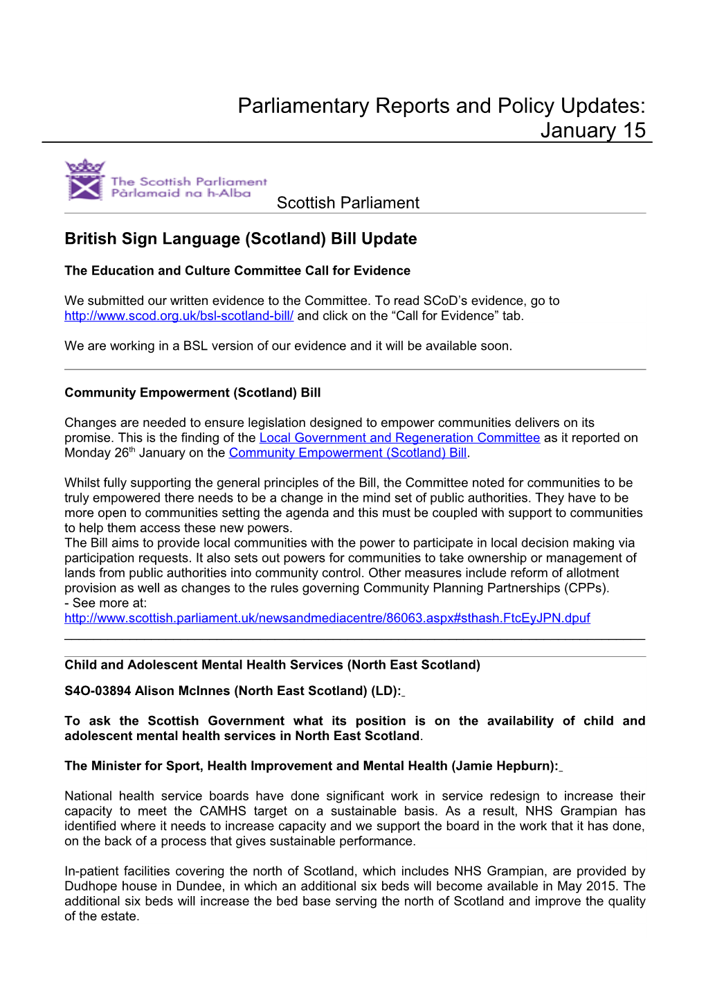 Parliamentary Report for September