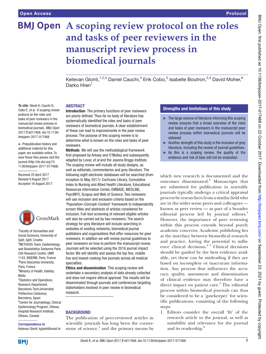 A Scoping Review Protocol on the Roles and Tasks of Peer Reviewers in the Manuscript Review Process in Biomedical Journals