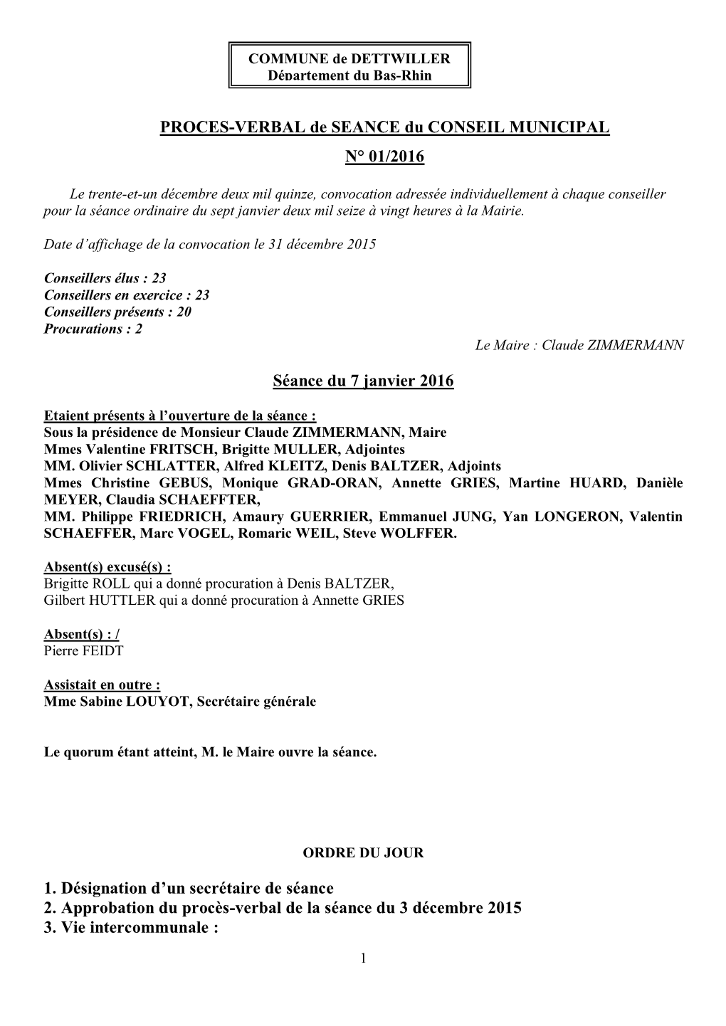 PROCES-VERBAL De SEANCE Du CONSEIL MUNICIPAL N° 01/2016