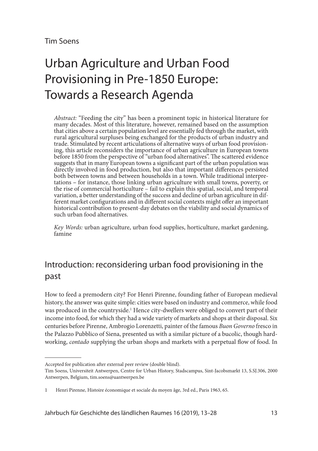 Urban Agriculture and Urban Food Provisioning in Pre-1850 Europe: Towards a Research Agenda