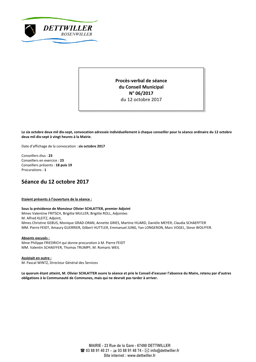 Procès-Verbal De Séance Du Conseil Municipal N° 06/2017 Du 12