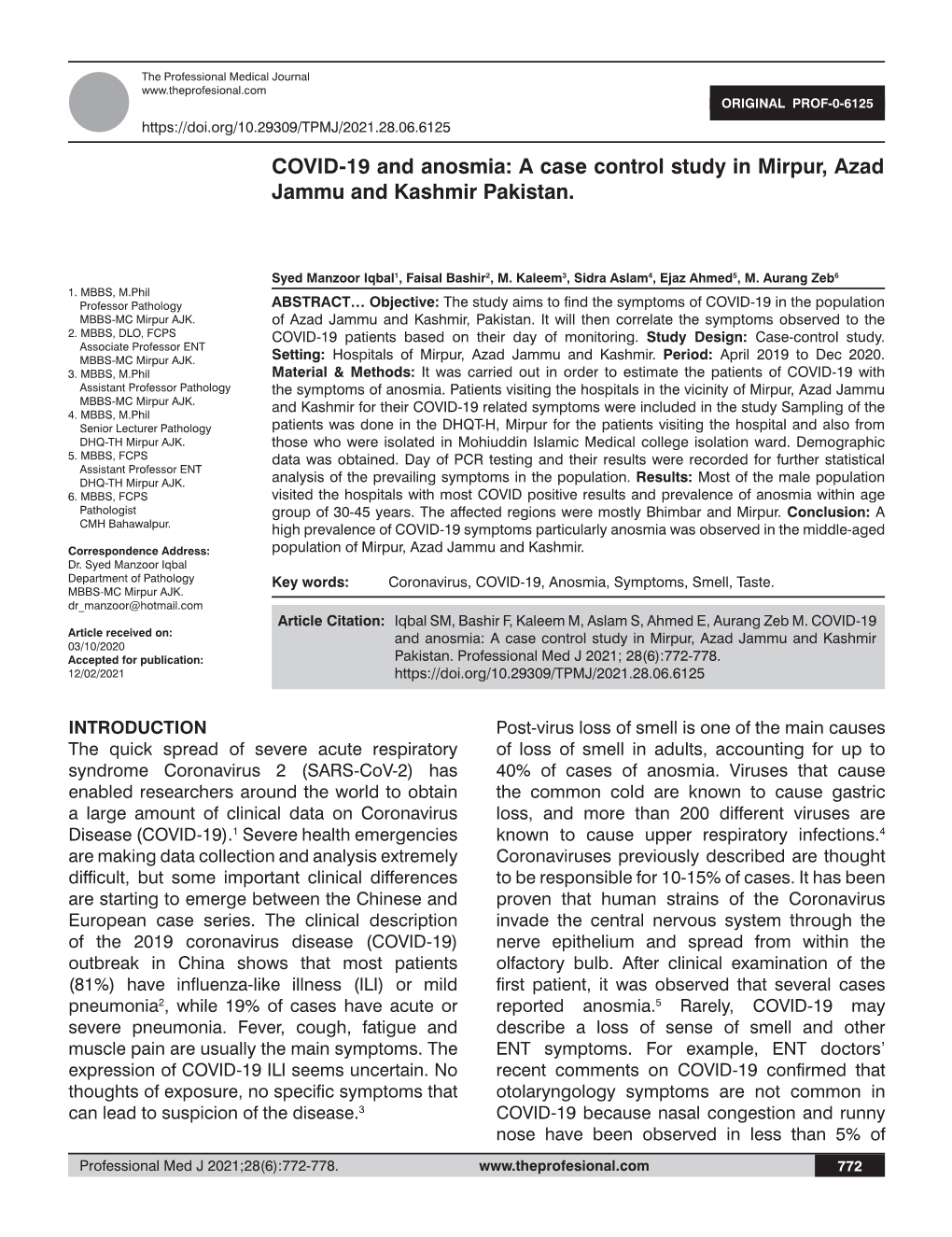 COVID-19 and Anosmia: a Case Control Study in Mirpur, Azad Jammu and Kashmir Pakistan