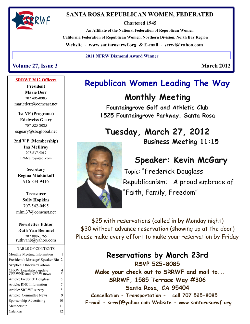 Republican Women Leading the Way Monthly Meeting Tuesday, March