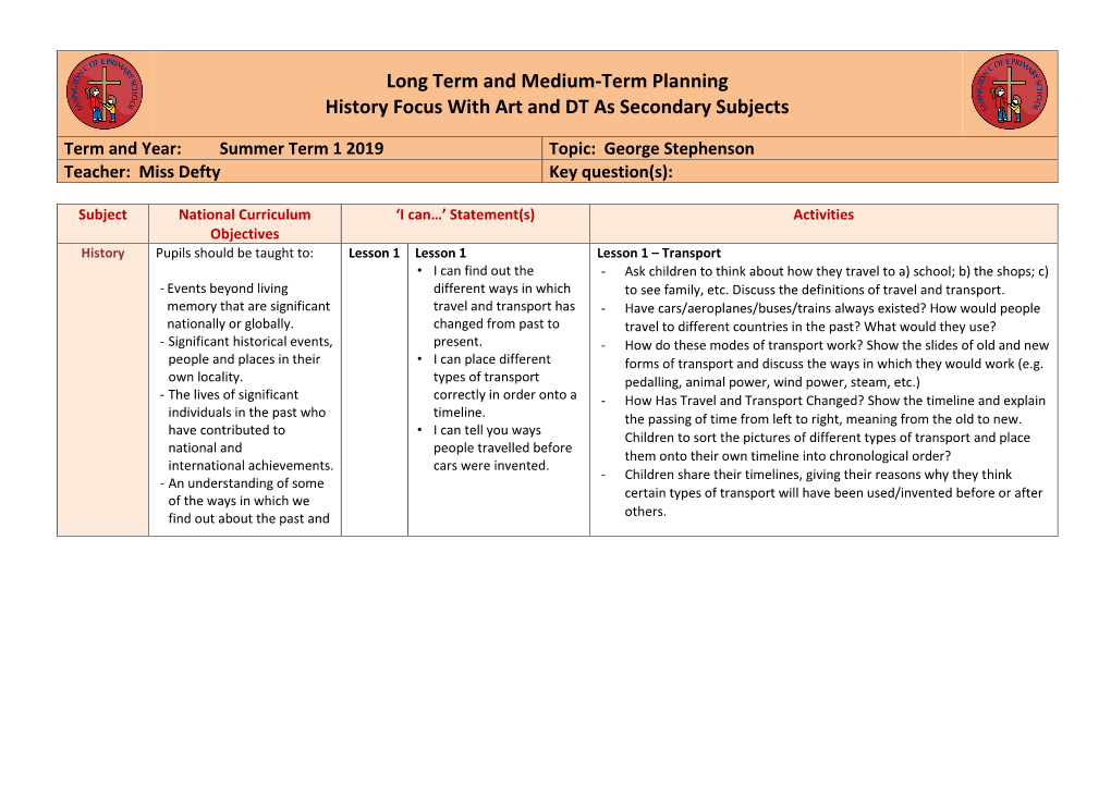 Long Term and Medium-Term Planning History Focus with Art and DT As Secondary Subjects