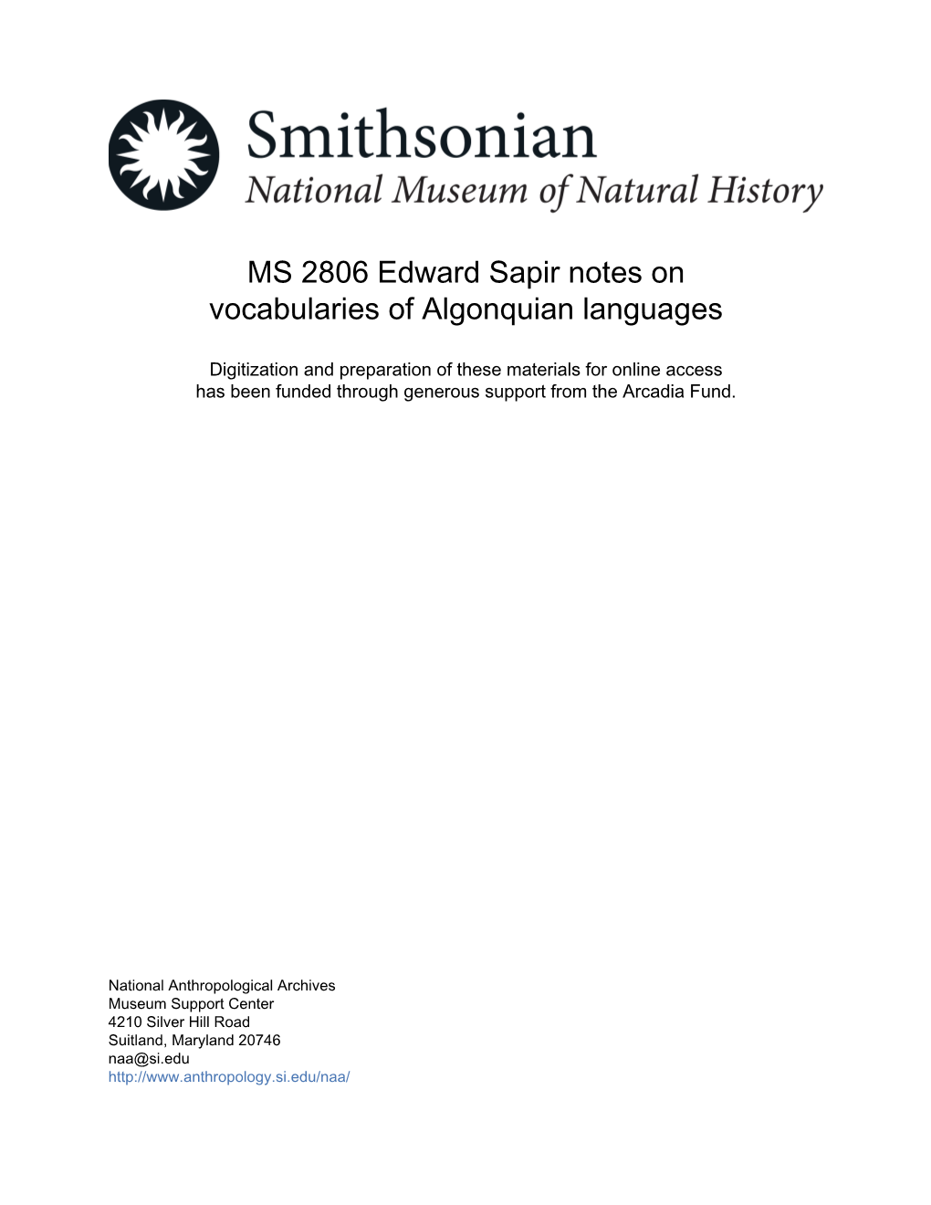 MS 2806 Edward Sapir Notes on Vocabularies of Algonquian Languages