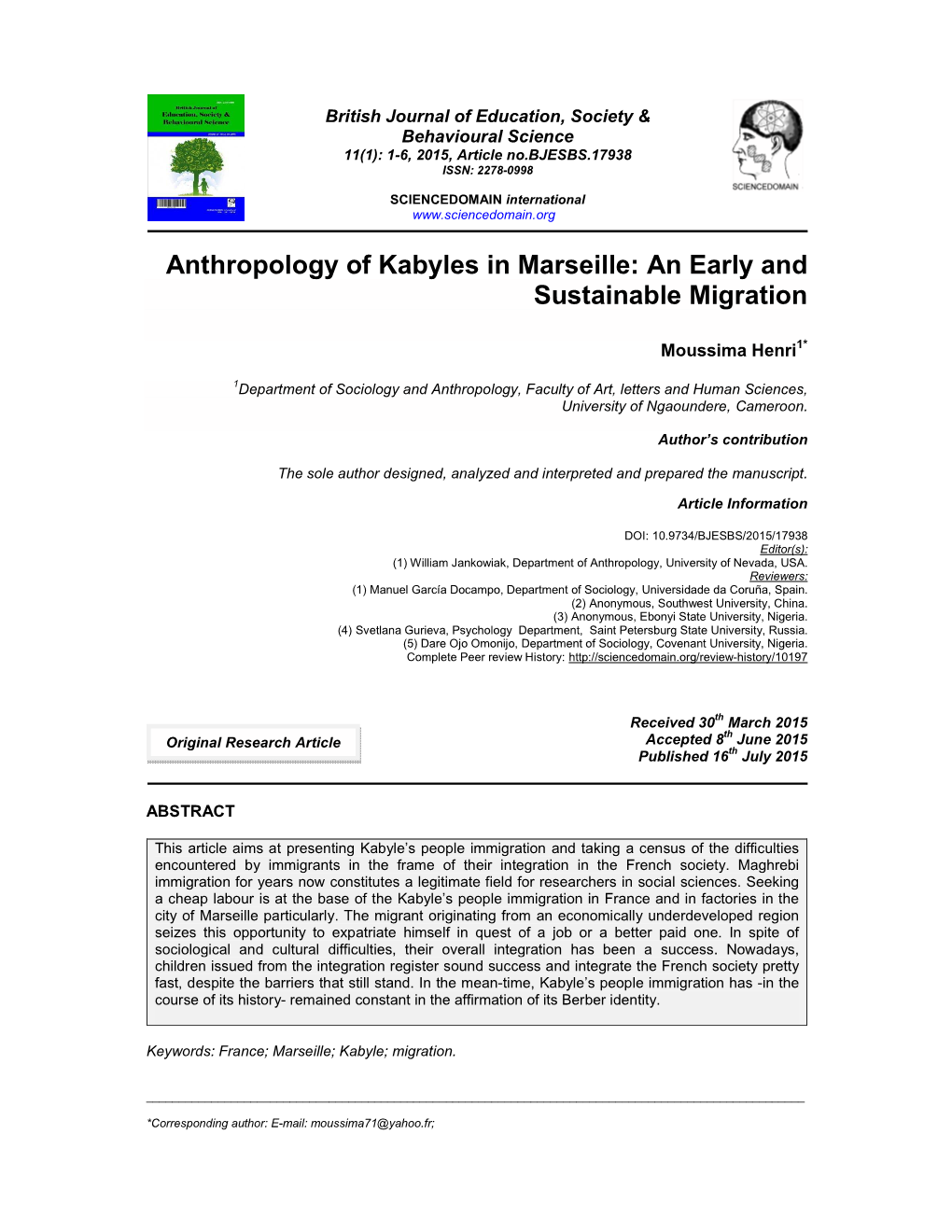 Anthropology of Kabyles in Marseille: an Early and Sustainable Migration