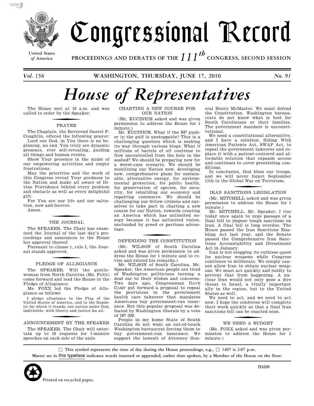 Congressional Record United States Th of America PROCEEDINGS and DEBATES of the 111 CONGRESS, SECOND SESSION