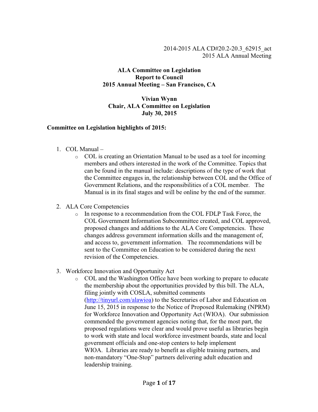 Legislation Report to Council 2015 Annual Meeting – San Francisco, CA