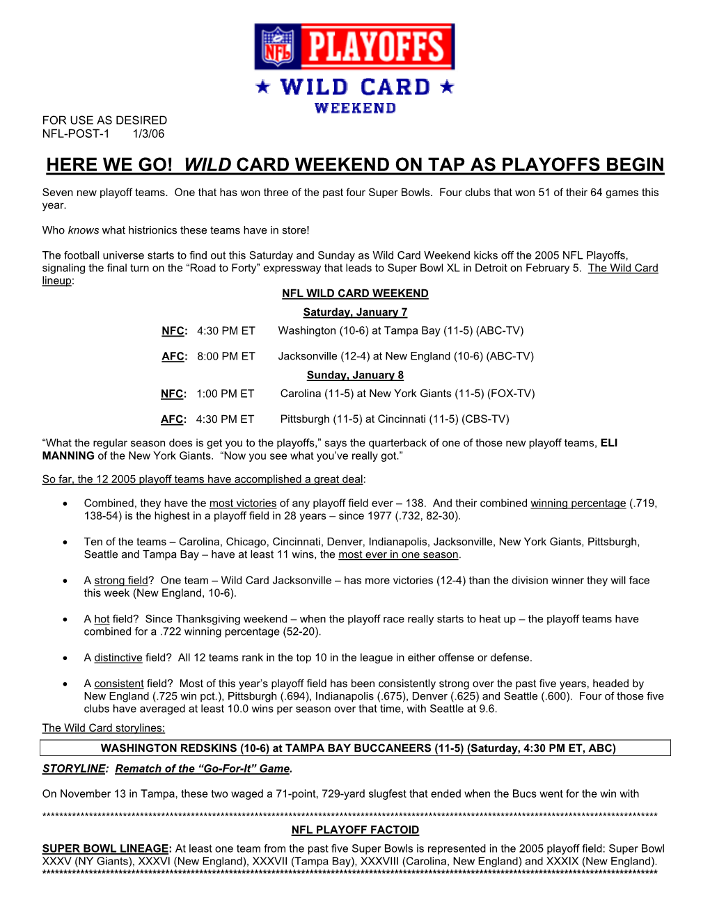 Here We Go! Wild Card Weekend on Tap As Playoffs Begin