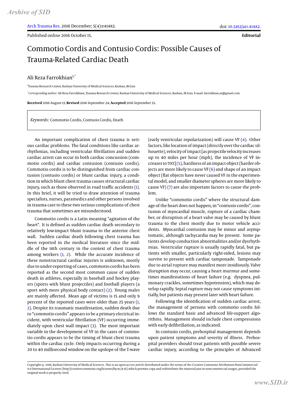 Commotio Cordis and Contusio Cordis: Possible Causes of Trauma-Related Cardiac Death