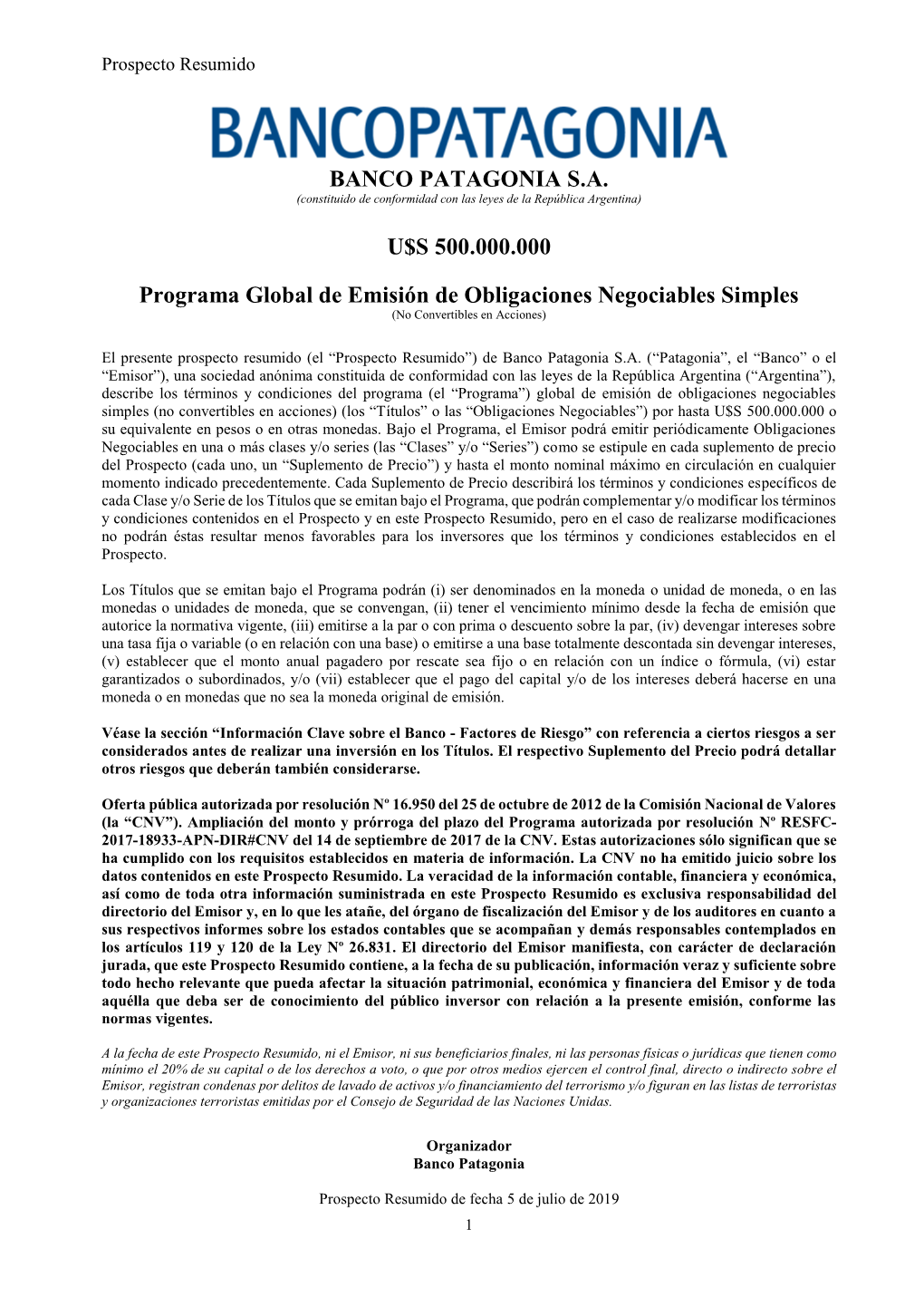 BANCO PATAGONIA S.A. U$S 500.000.000 Programa Global De Emisión De Obligaciones Negociables Simples