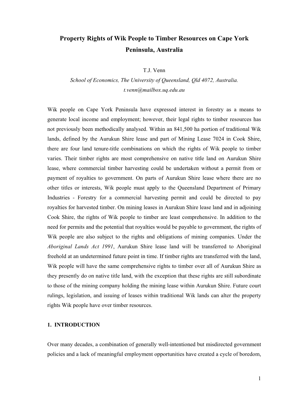 Property Rights of Wik People to Timber Resources on Cape York Peninsula, Australia