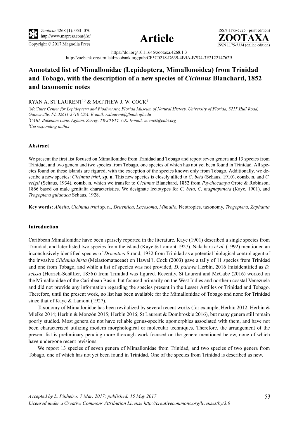 Annotated List of Mimallonidae (Lepidoptera