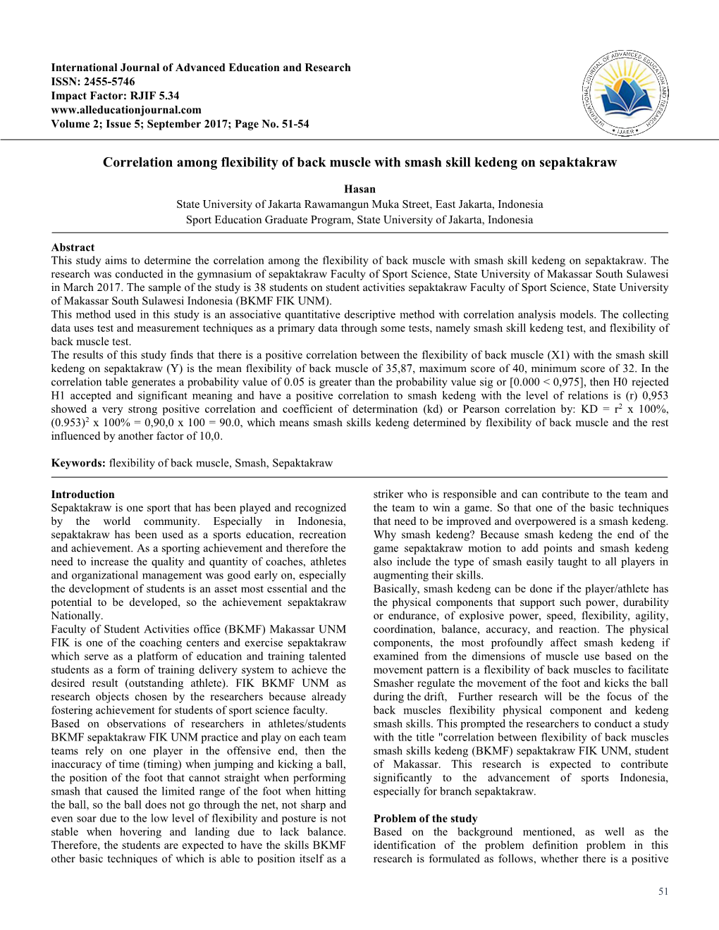 Correlation Among Flexibility of Back Muscle with Smash Skill Kedeng on Sepaktakraw