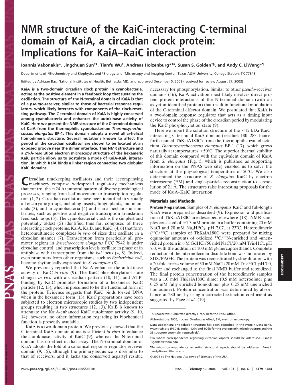 NMR Structure of the Kaic-Interacting C-Terminal Domain of Kaia, a Circadian Clock Protein: Implications for Kaia–Kaic Interaction