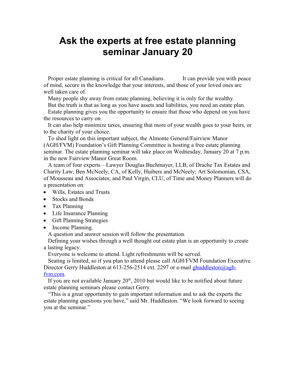 Plan to Attend Free Estate Planning Seminar January 20