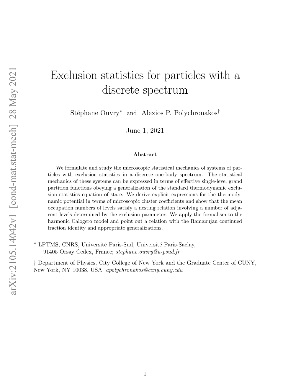 Exclusion Statistics for Particles with a Discrete Spectrum