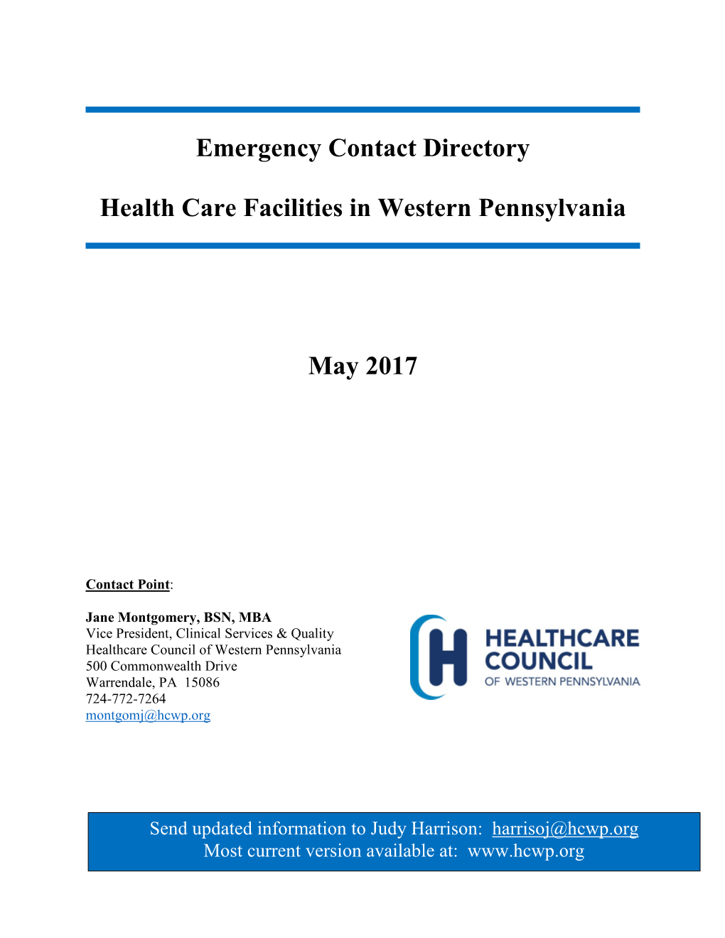 Emergency Contact Directory Health Care Facilities