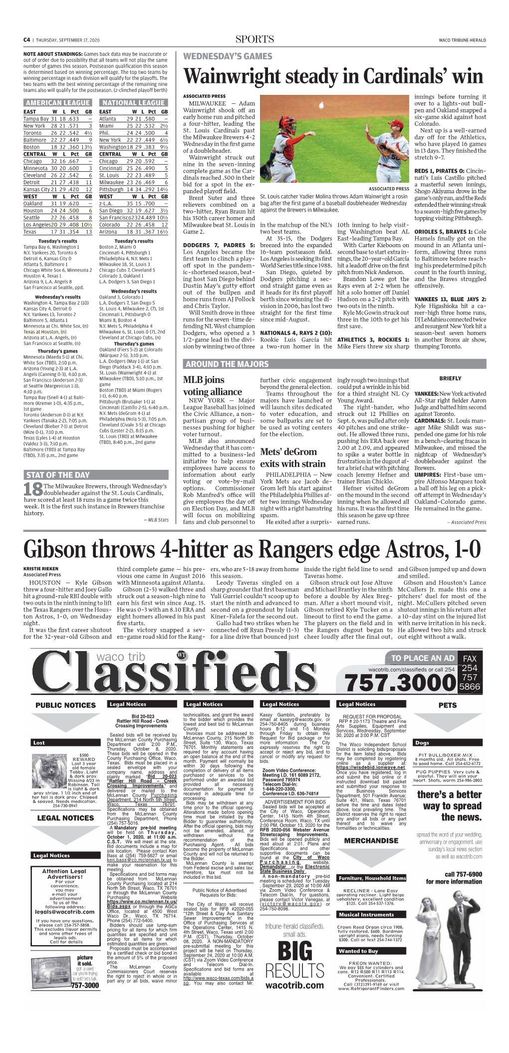 Gibson Throws 4-Hitter As Rangers Edge Astros