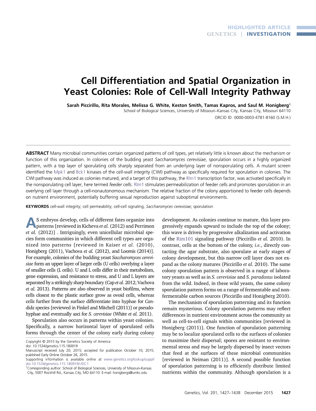 Cell Differentiation and Spatial Organization in Yeast Colonies: Role of Cell-Wall Integrity Pathway