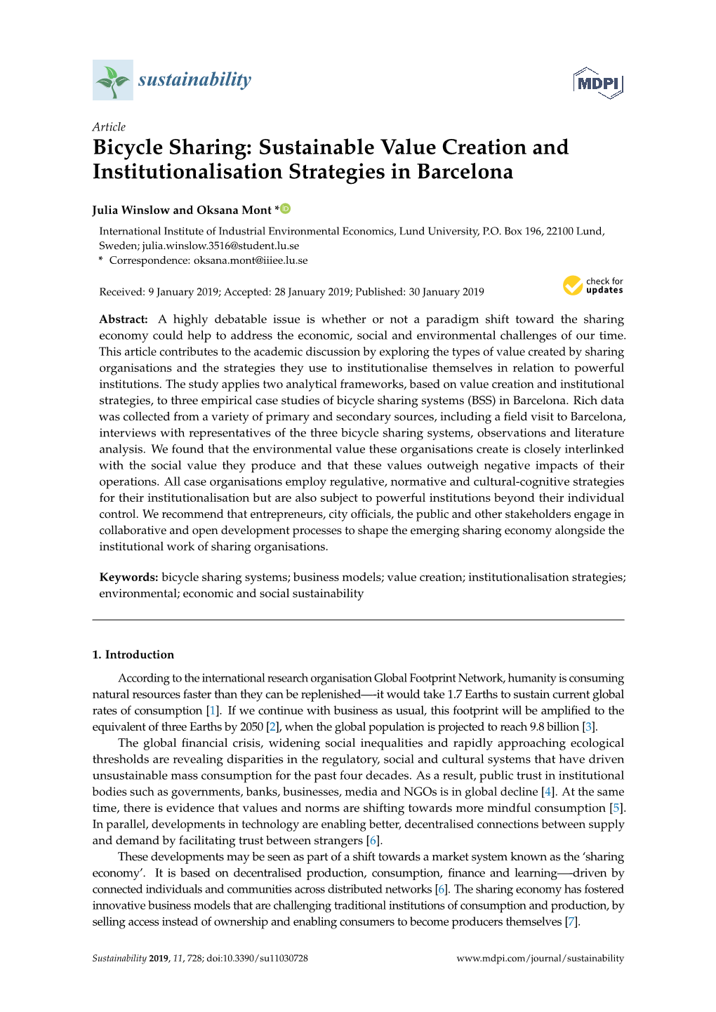 Bicycle Sharing: Sustainable Value Creation and Institutionalisation Strategies in Barcelona