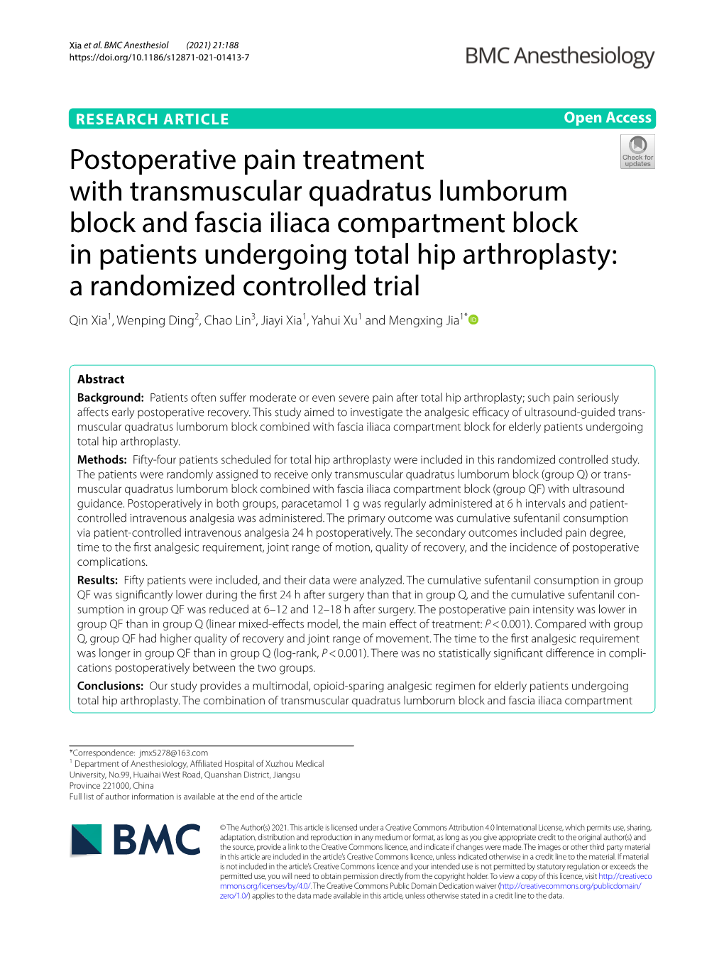 Postoperative Pain Treatment with Transmuscular Quadratus Lumborum