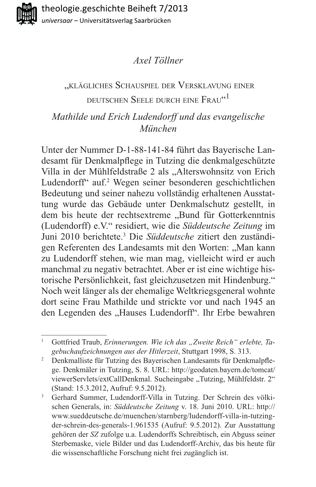 Axel Töllner Mathilde Und Erich Ludendorff Und Das Evangelische