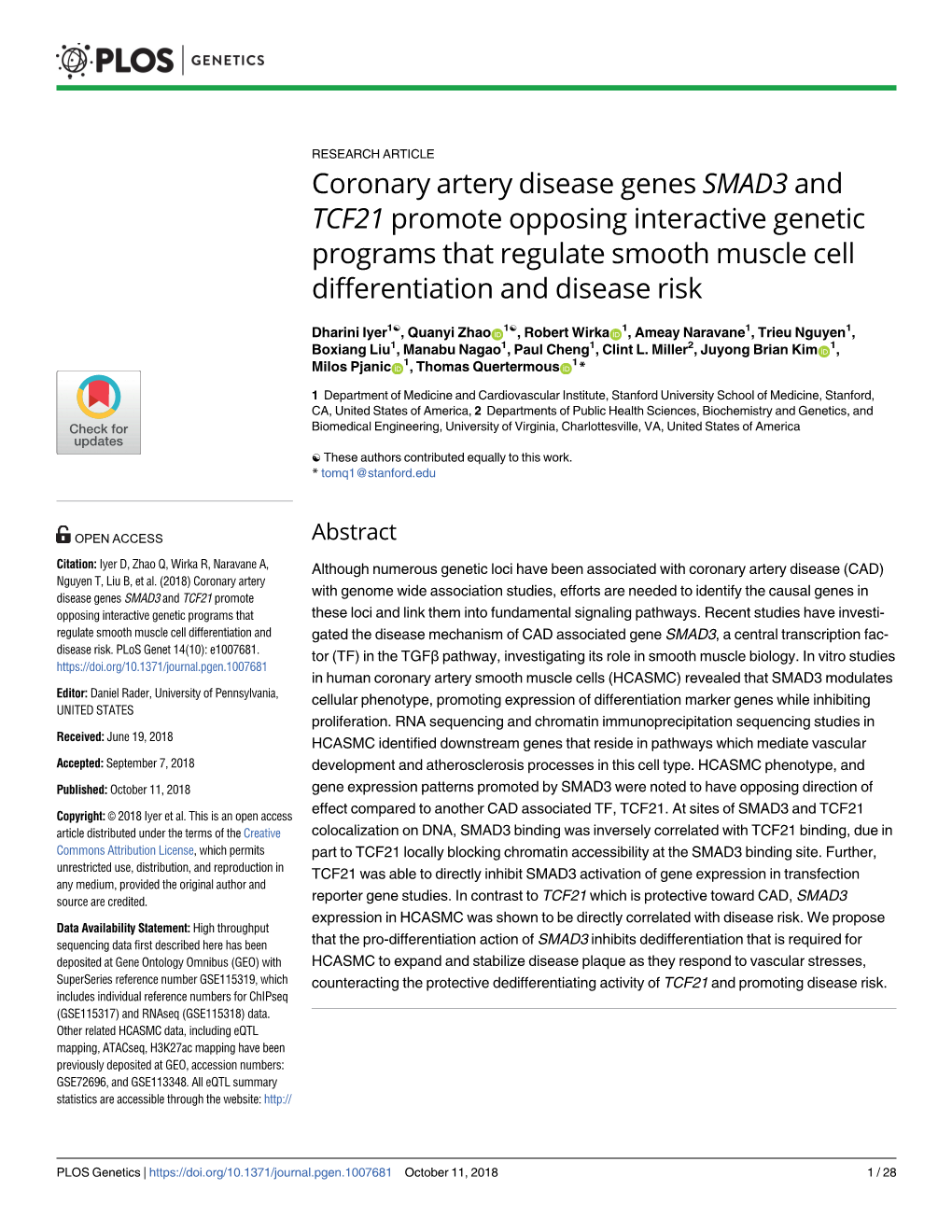 Coronary Artery Disease Genes SMAD3 and TCF21 Promote Opposing Interactive Genetic Programs That Regulate Smooth Muscle Cell Differentiation and Disease Risk