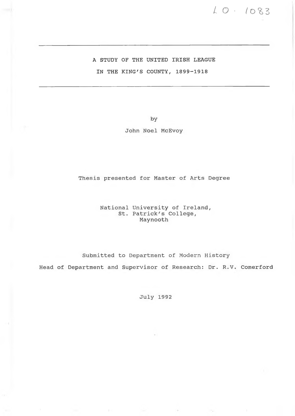 A Study of the United Irish League in the King's County, 1899-1918