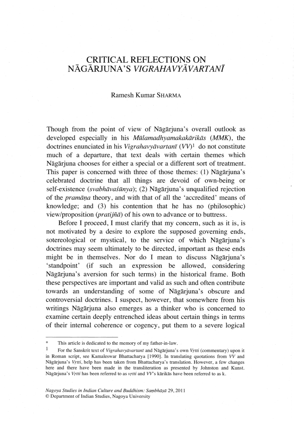 CRITICAL REFLECTIONS on NAGARJUNA's Vigrahavyavartanl