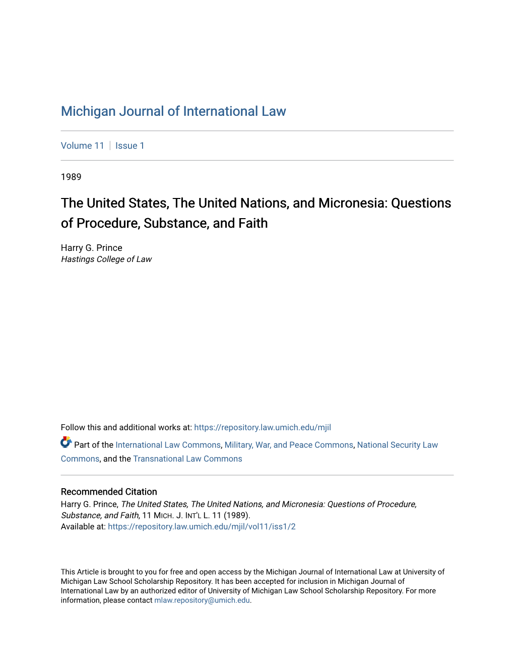 The United States, the United Nations, and Micronesia: Questions of Procedure, Substance, and Faith